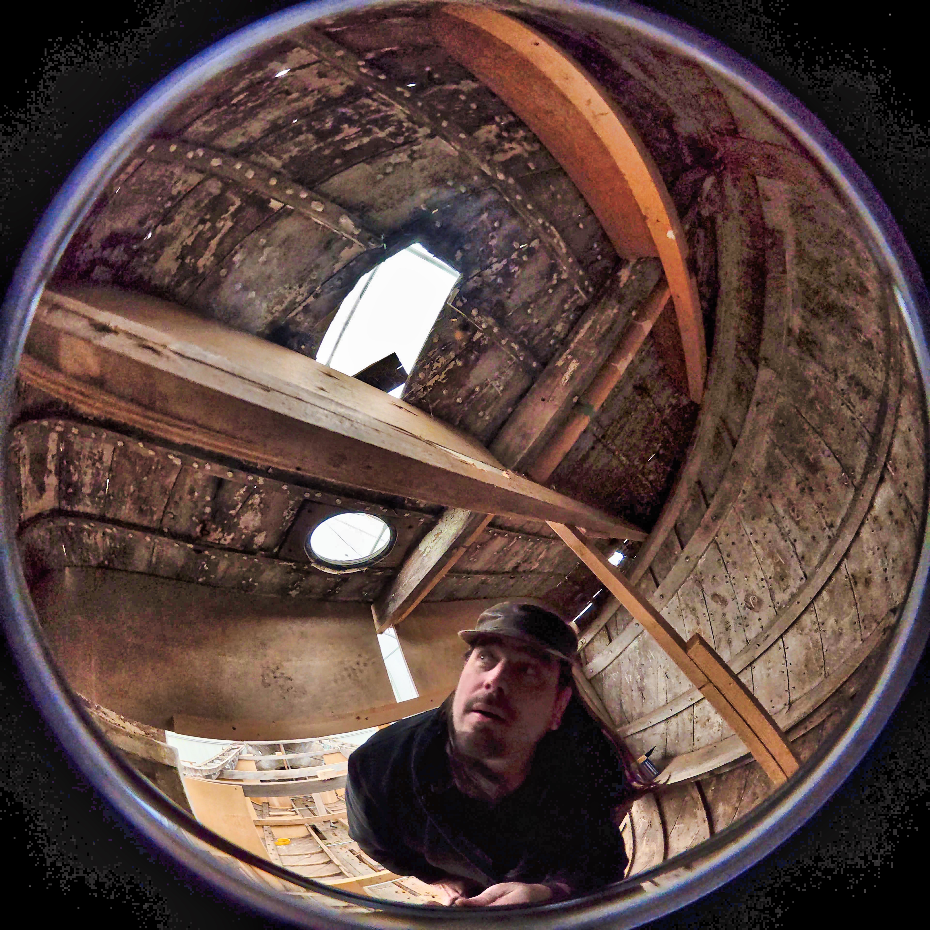 Tom Maund scanning the interior of the Jane Hannah MacDonald III with a 360 camera